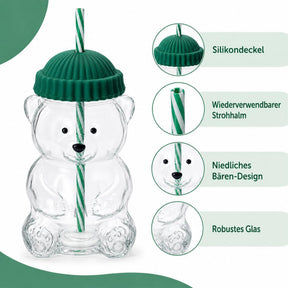 Erkugo Süßer Bärenbecher mit Strohhalm und Silikondeckel 590 ml Glasbecher (Grün)