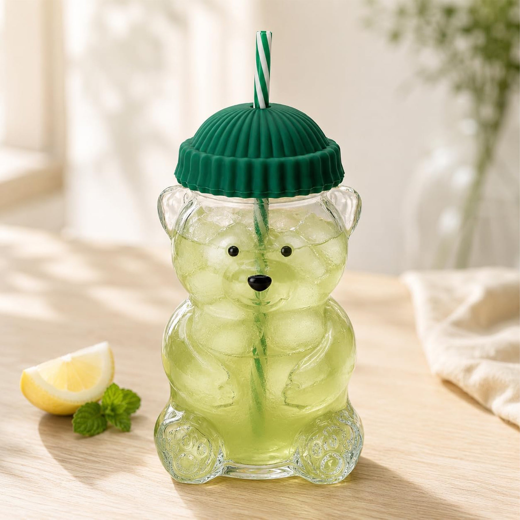 Erkugo Süßer Bärenbecher mit Strohhalm und Silikondeckel 590 ml Glasbecher (Grün)