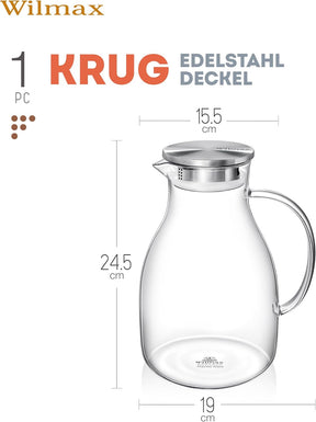 Wilmax Borosilikat Glas Krug mit Edelstahl-Deckel