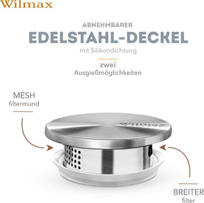Wilmax Borosilikat Glas Krug mit Edelstahl-Deckel