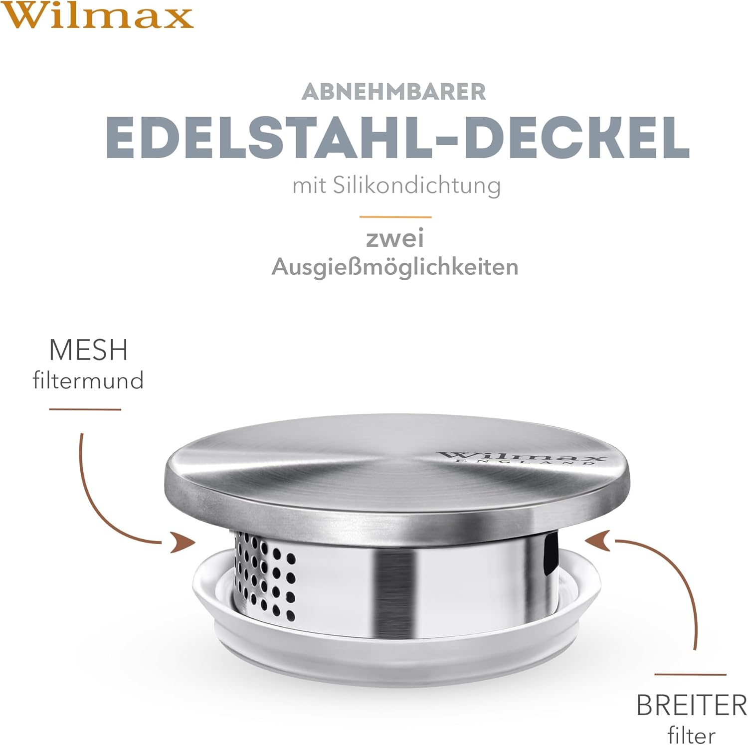 Wilmax Borosilikat Glas Krug mit Edelstahl-Deckel