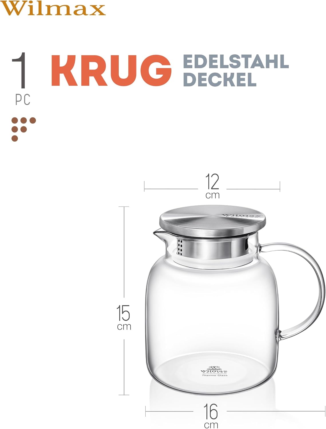 Wilmax Borosilikat Glas Krug mit Edelstahl-Deckel
