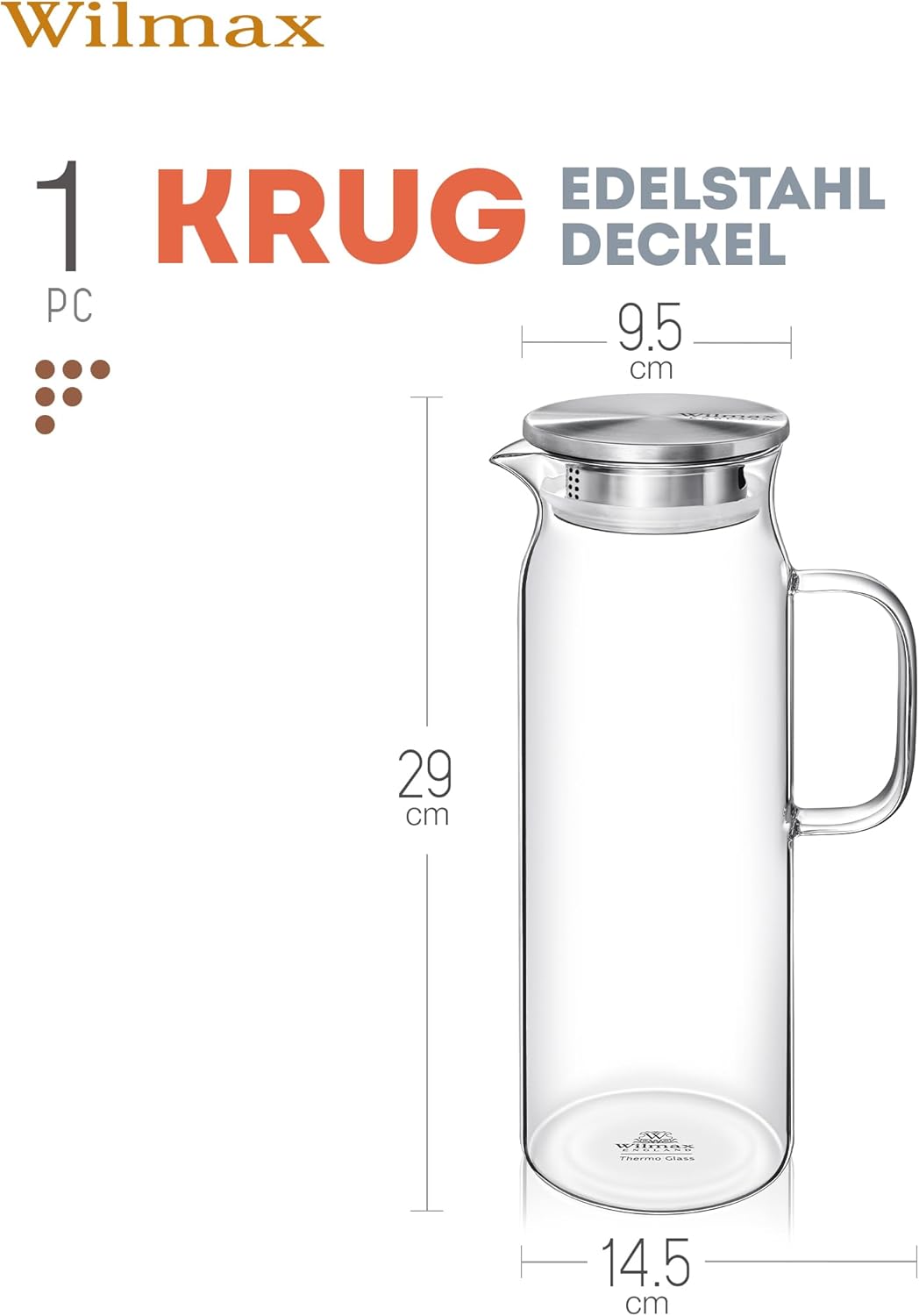 Wilmax Borosilikat Glas Krug mit Edelstahl-Deckel