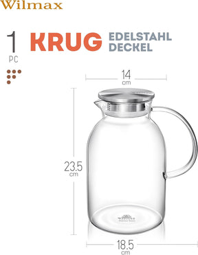 Wilmax Borosilikat Glas Krug mit Edelstahl-Deckel