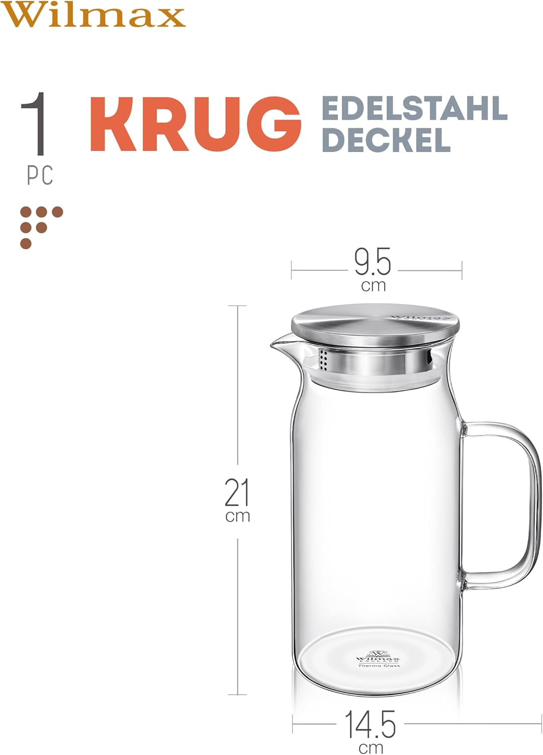 Wilmax Borosilikat Glas Krug mit Edelstahl-Deckel