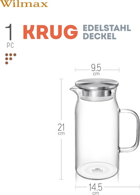 Wilmax Borosilikat Glas Krug mit Edelstahl-Deckel