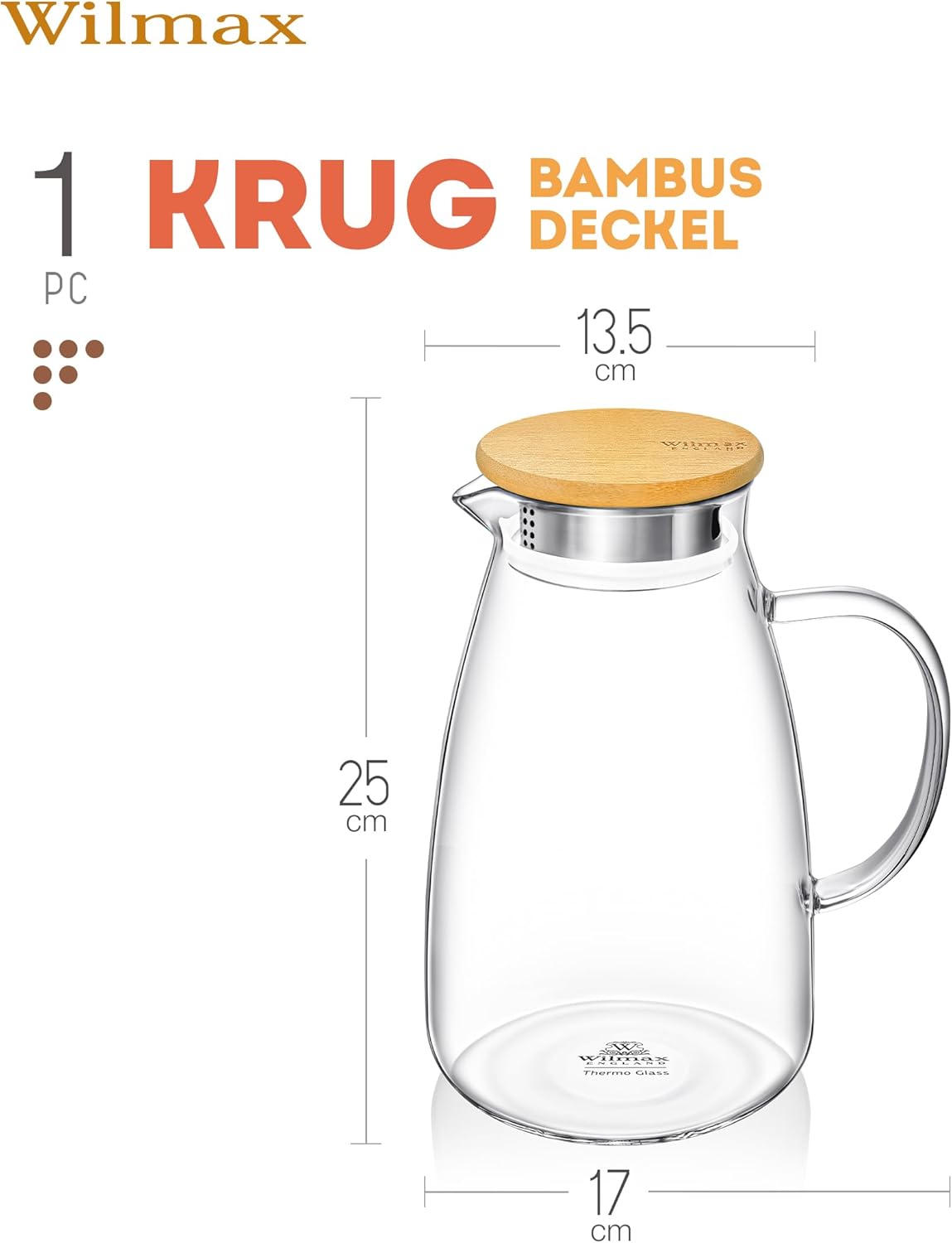 Wilmax Karaffe 1900 ml Thermoglas mit Bambusdeckel Transparent WL-888216/A