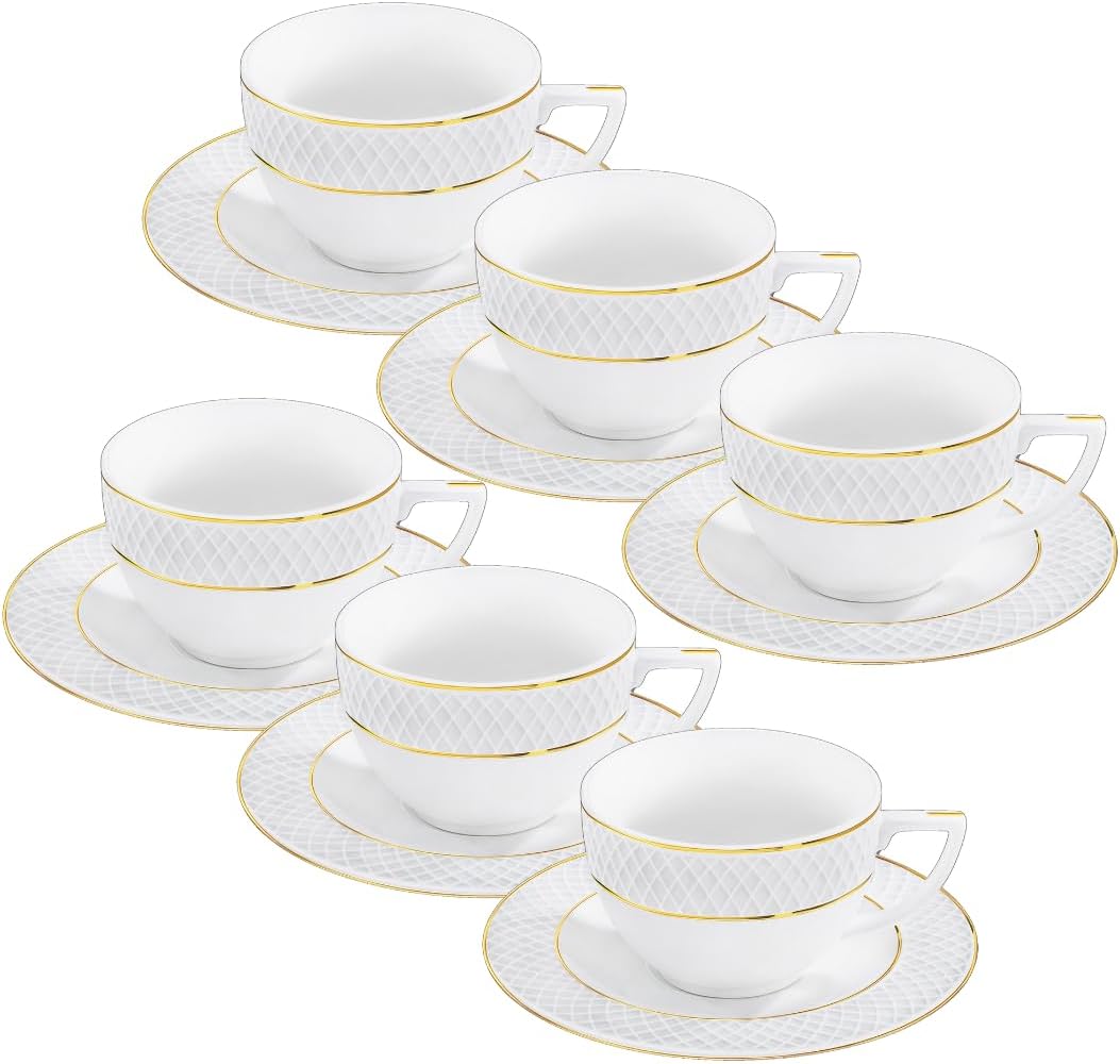 Wilmax Teetasse mit Untertasse 240 ml Weiß Goldrand Porzellan 6er Set WL-880102404/AB6