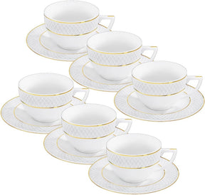 Wilmax Teetasse mit Untertasse 240 ml Weiß Goldrand Porzellan 6er Set WL-880102404/AB6