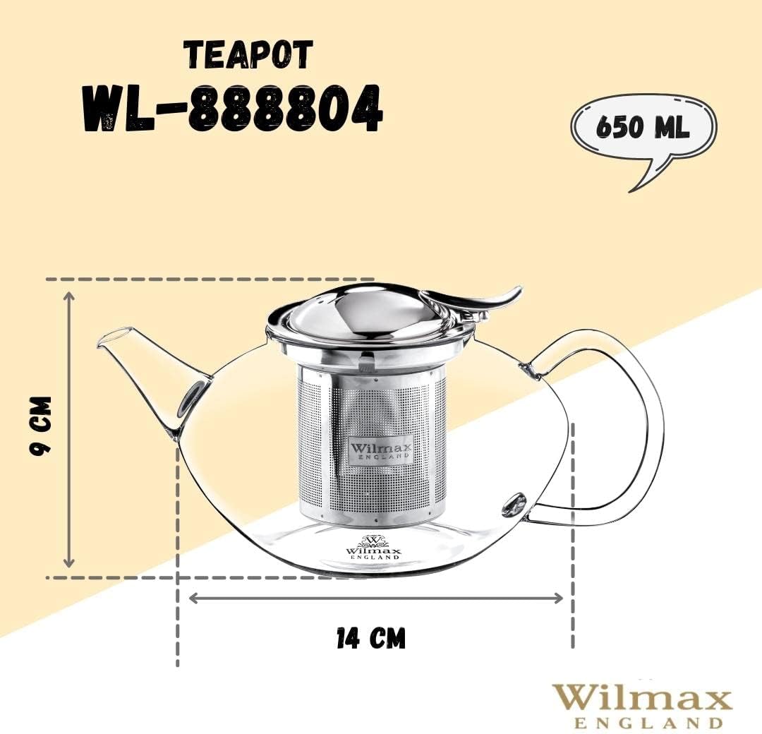 Wilmax Teekanne 650 ml Borosilikatglas Edelstahlfilter WL-888804/A