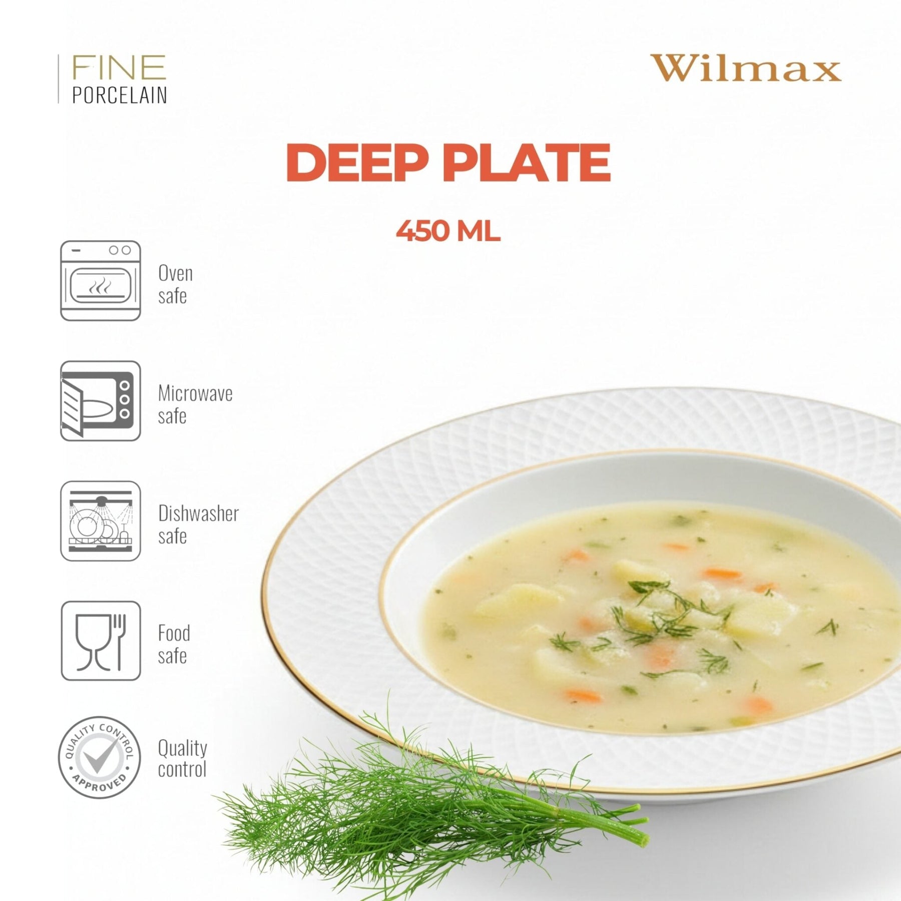 Wilmax Tiefer Teller 22,5 cm Weiß Porzellan mit Goldrand WL-880102303/A
