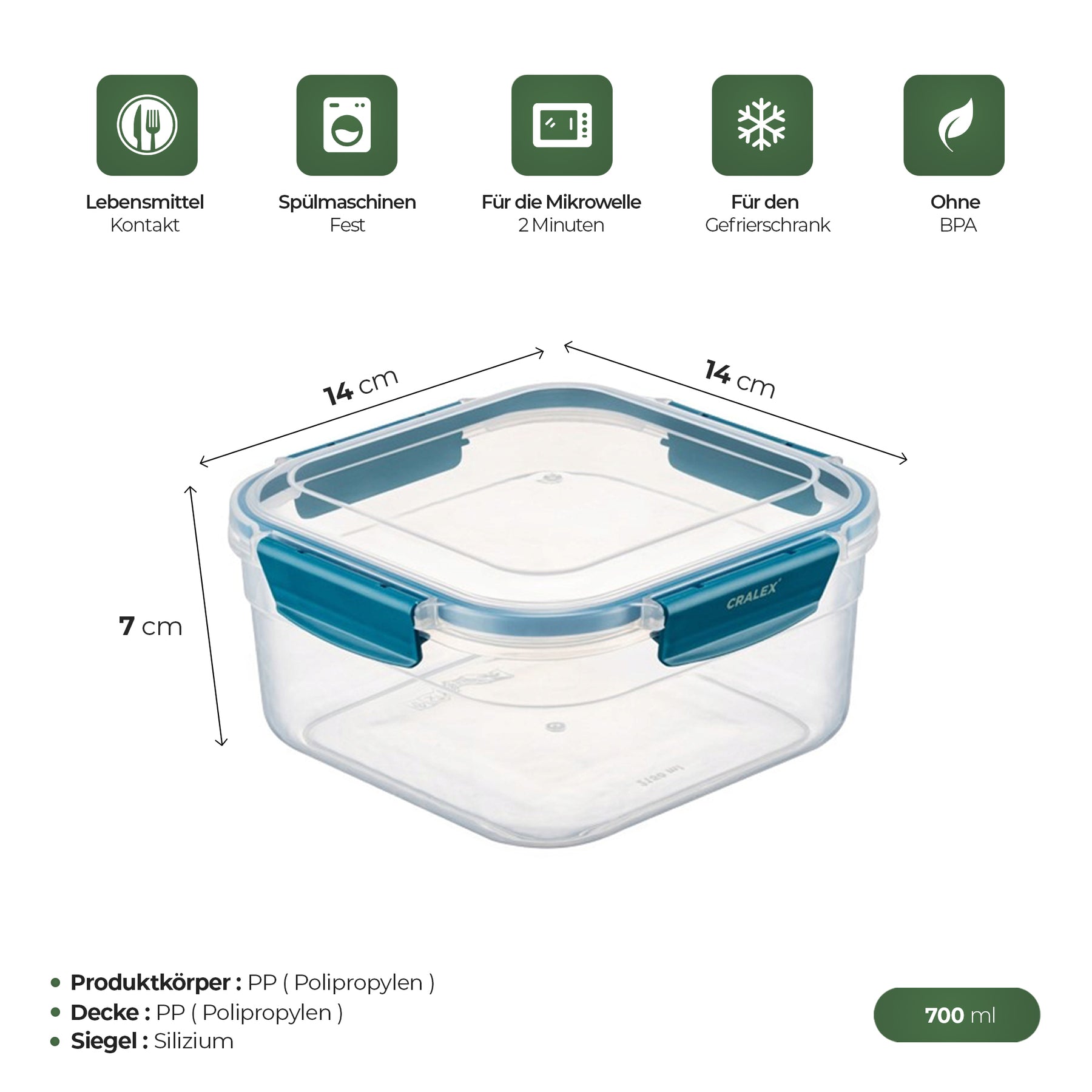 CRALEX Bona Airtight quadratische Lebensmittelbehälter, 3er-Set (700 ml / 1,3 l / 2,15 l)