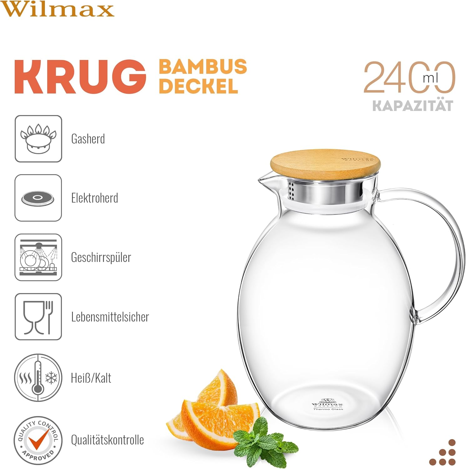 Wilmax Karaffe 1900 ml Thermoglas mit Bambusdeckel Transparent WL-888216/A