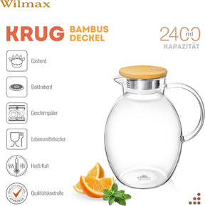 Wilmax Karaffe 1900 ml Thermoglas mit Bambusdeckel Transparent WL-888216/A