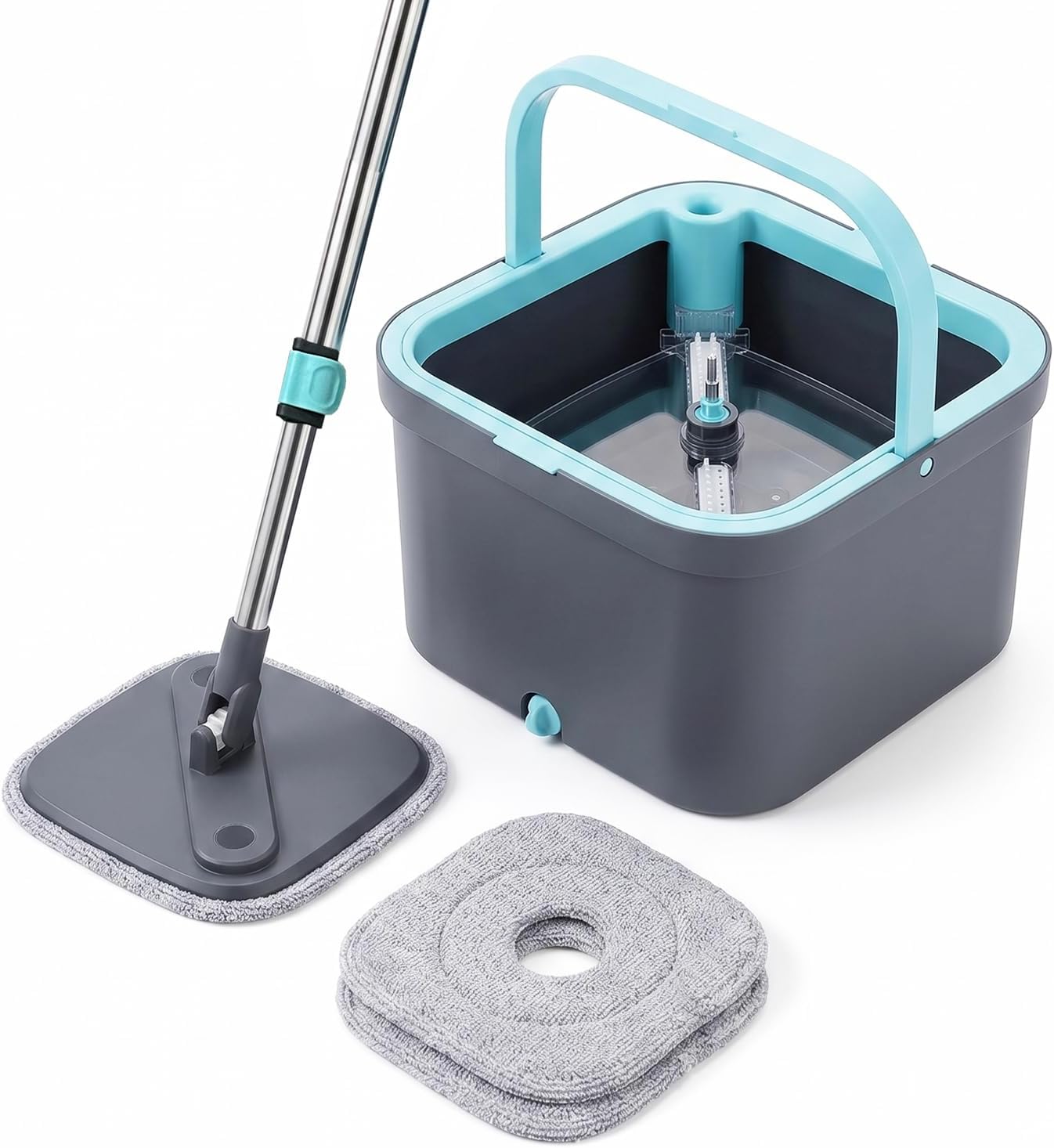 Flachmopp Set mit Dual-Tank Eimer, Auswringer und waschbaren Mikrofaserpads