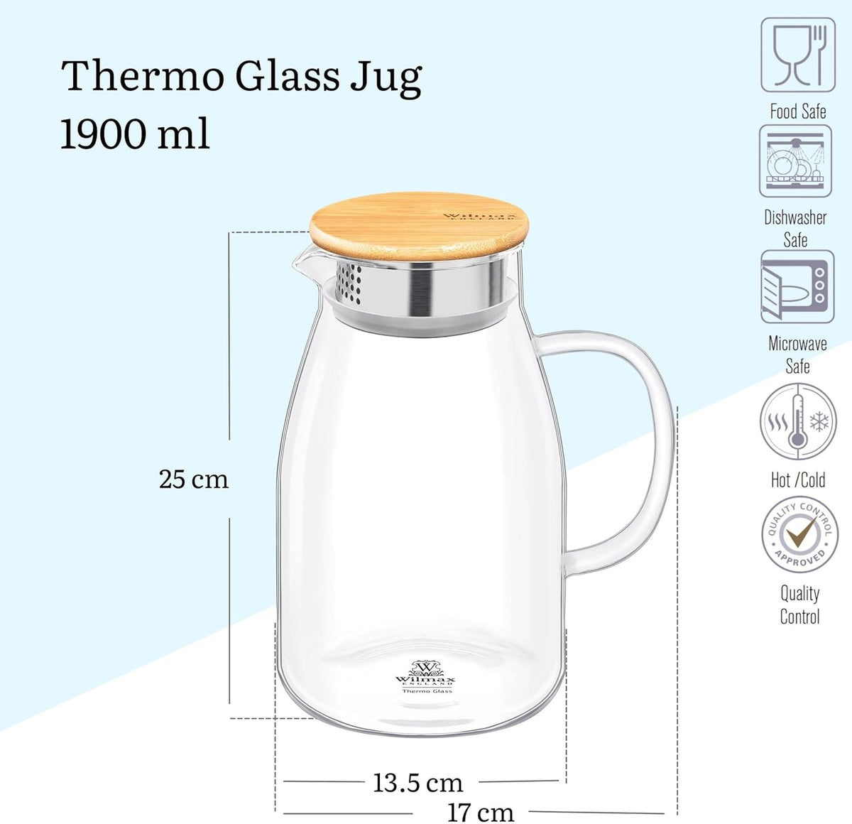 Wilmax Karaffe 1900 ml Thermoglas mit Bambusdeckel Transparent
