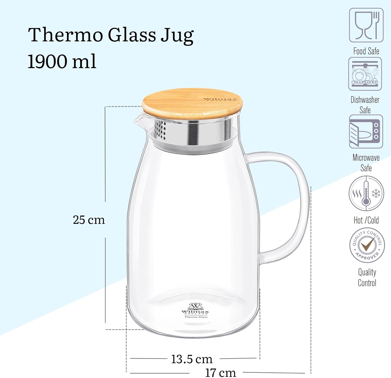 Wilmax Borosilikat Glas Krug mit Bambusdeckel