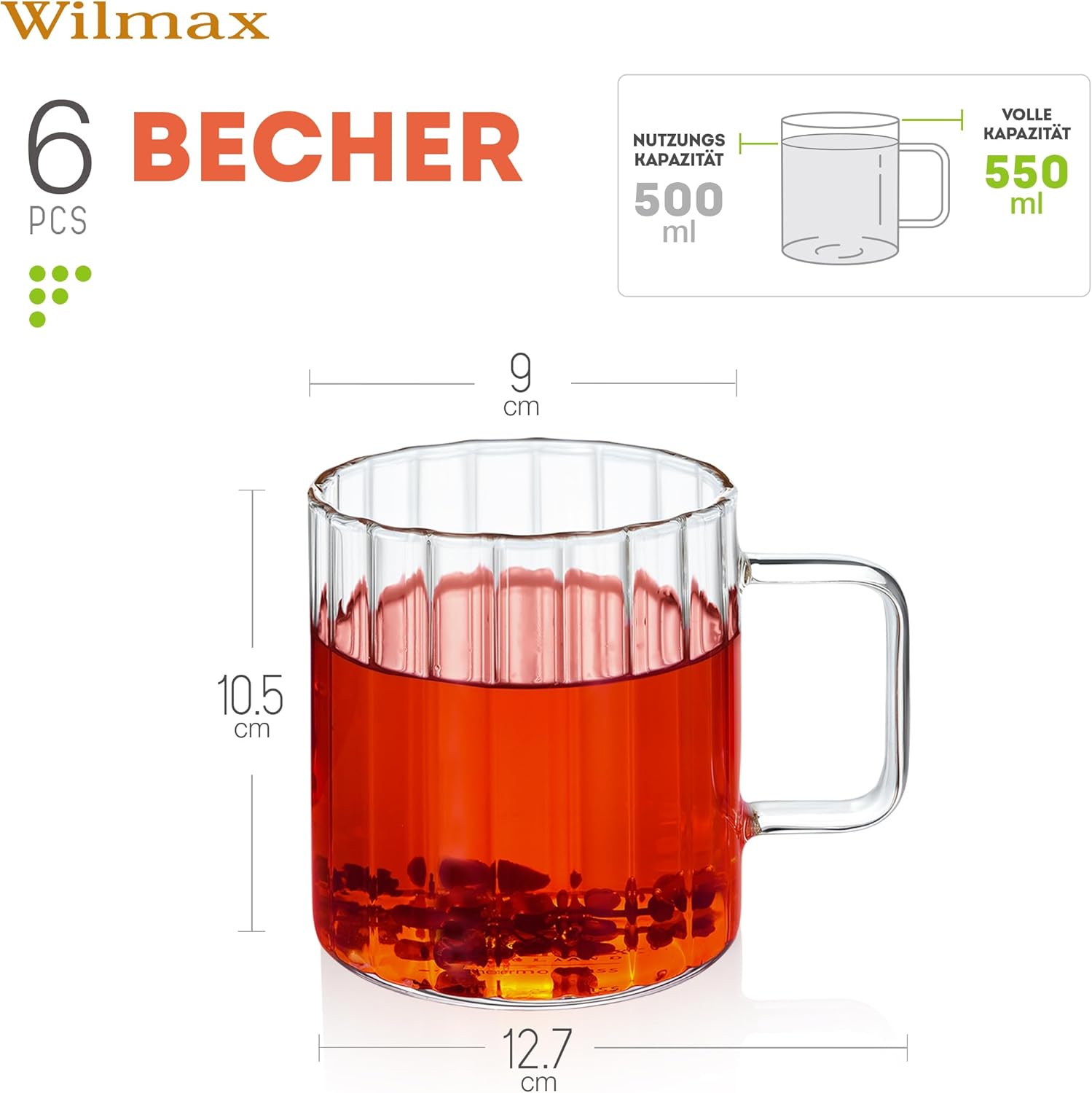 Wilmax Glas mit Henkel 550 ml Borosilikatglas WL-888618/A