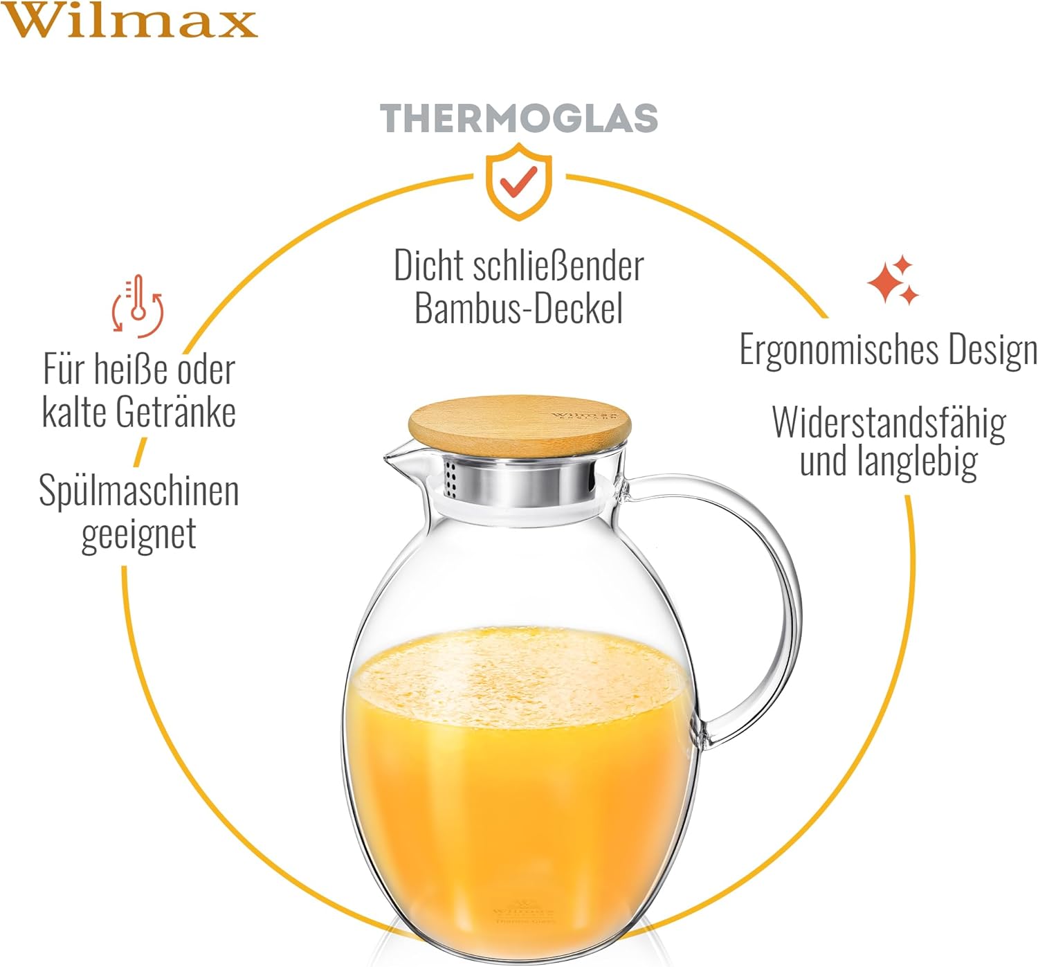 Wilmax Karaffe 1900 ml Thermoglas mit Bambusdeckel Transparent WL-888216/A