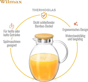 Wilmax Karaffe 1900 ml Thermoglas mit Bambusdeckel Transparent WL-888216/A