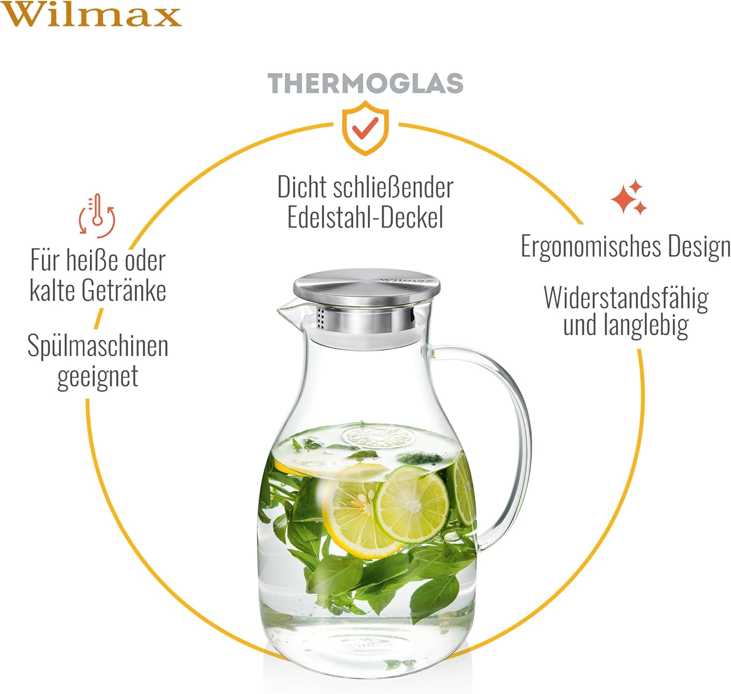 Wilmax Borosilikat Glas Krug mit Edelstahl-Deckel