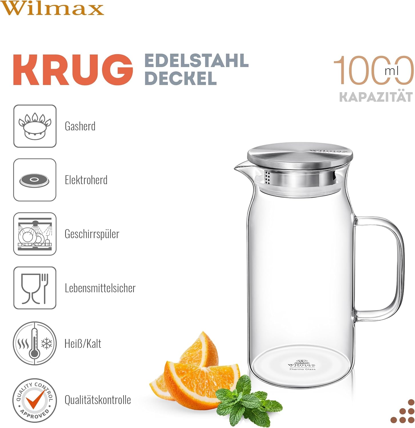 Wilmax Borosilikat Glas Krug mit Edelstahl-Deckel