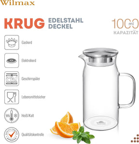 Wilmax Borosilikat Glas Krug mit Edelstahl-Deckel