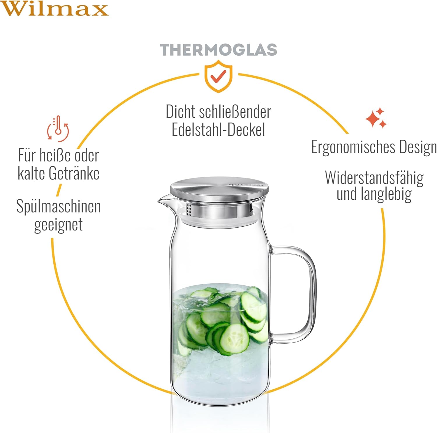 Wilmax Borosilikat Glas Krug mit Edelstahl-Deckel