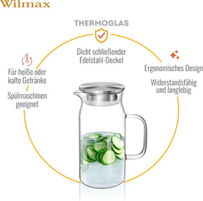 Wilmax Borosilikat Glas Krug mit Edelstahl-Deckel