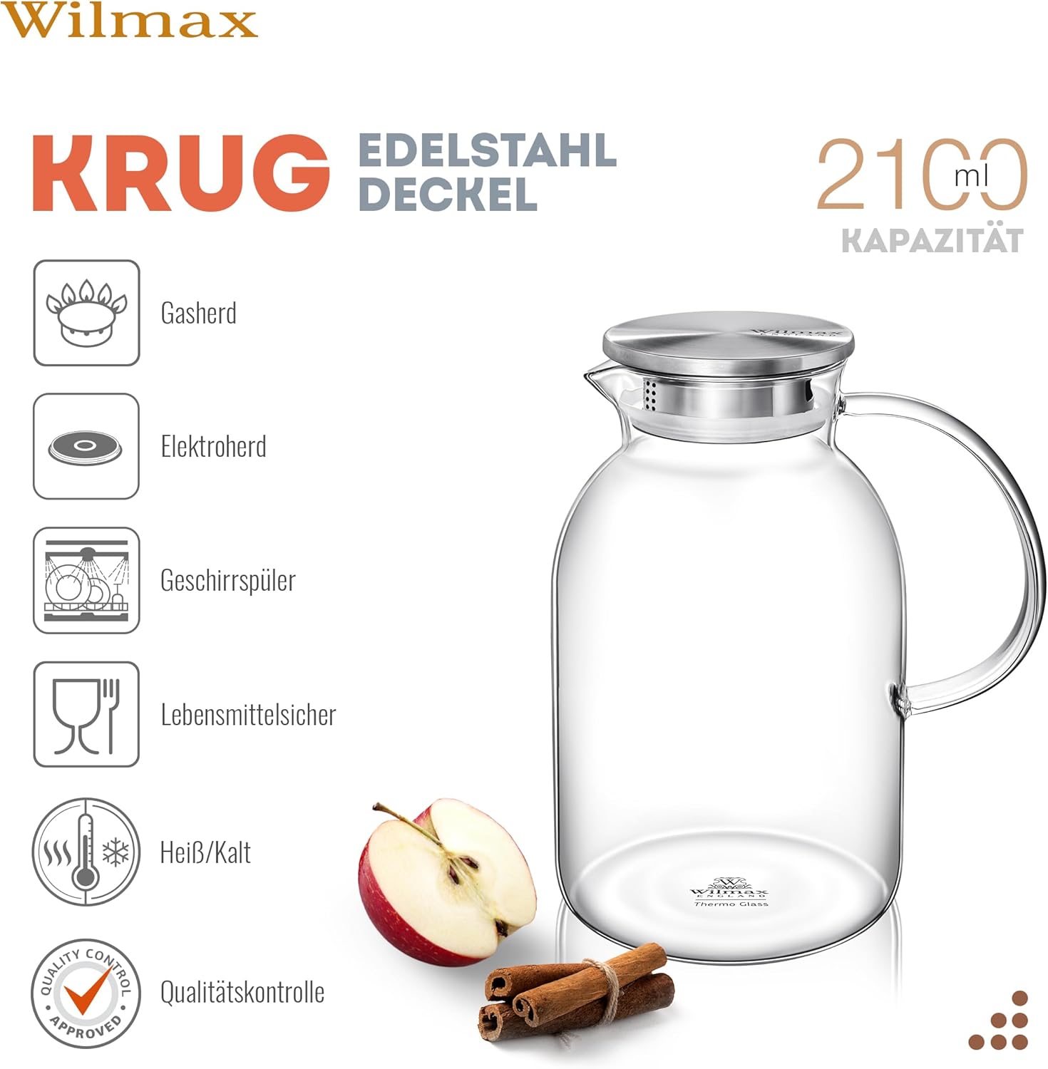 Wilmax Borosilikat Glas Krug mit Edelstahl-Deckel