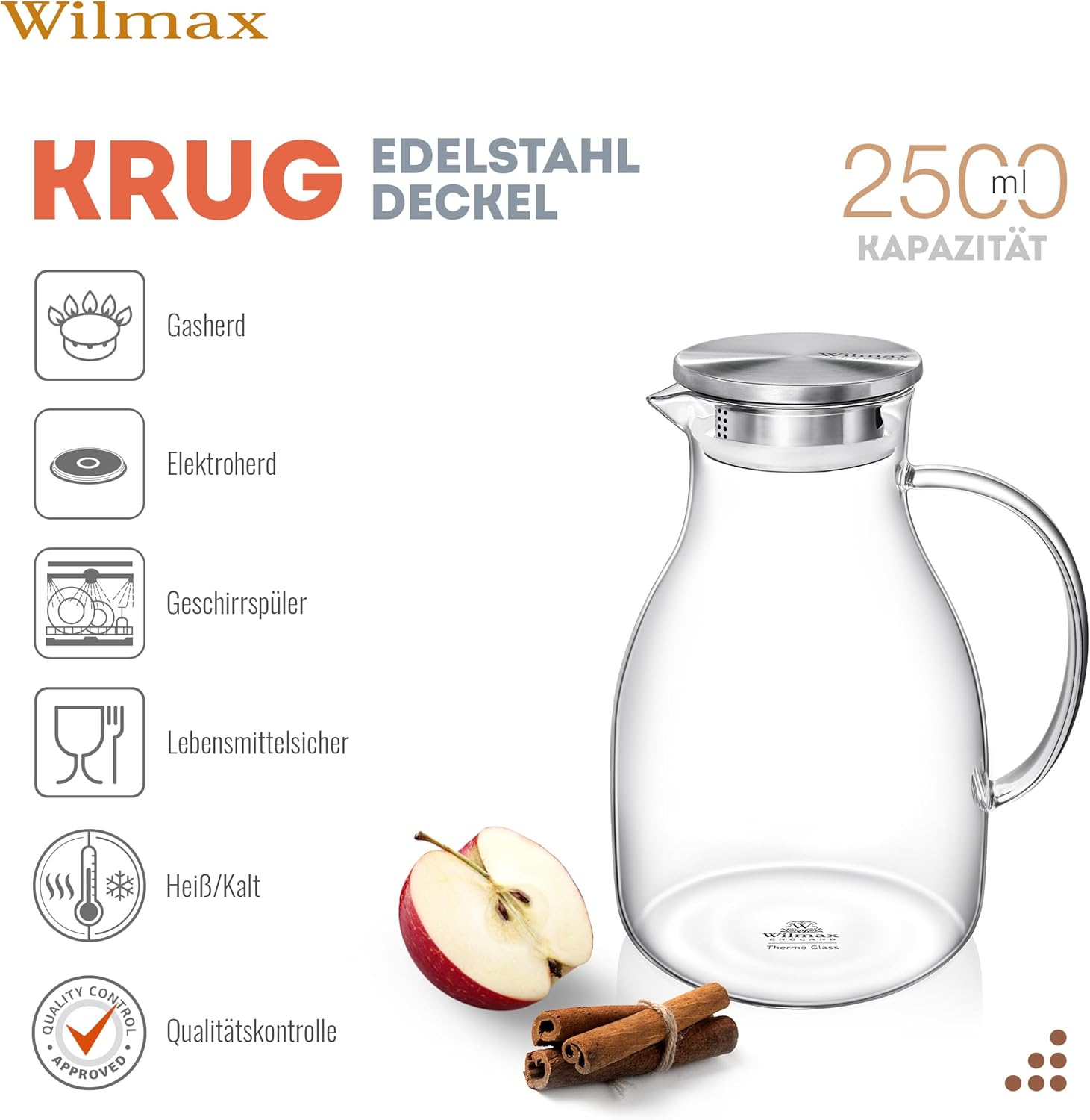 Wilmax Borosilikat Glas Krug mit Edelstahl-Deckel