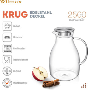 Wilmax Borosilikat Glas Krug mit Edelstahl-Deckel