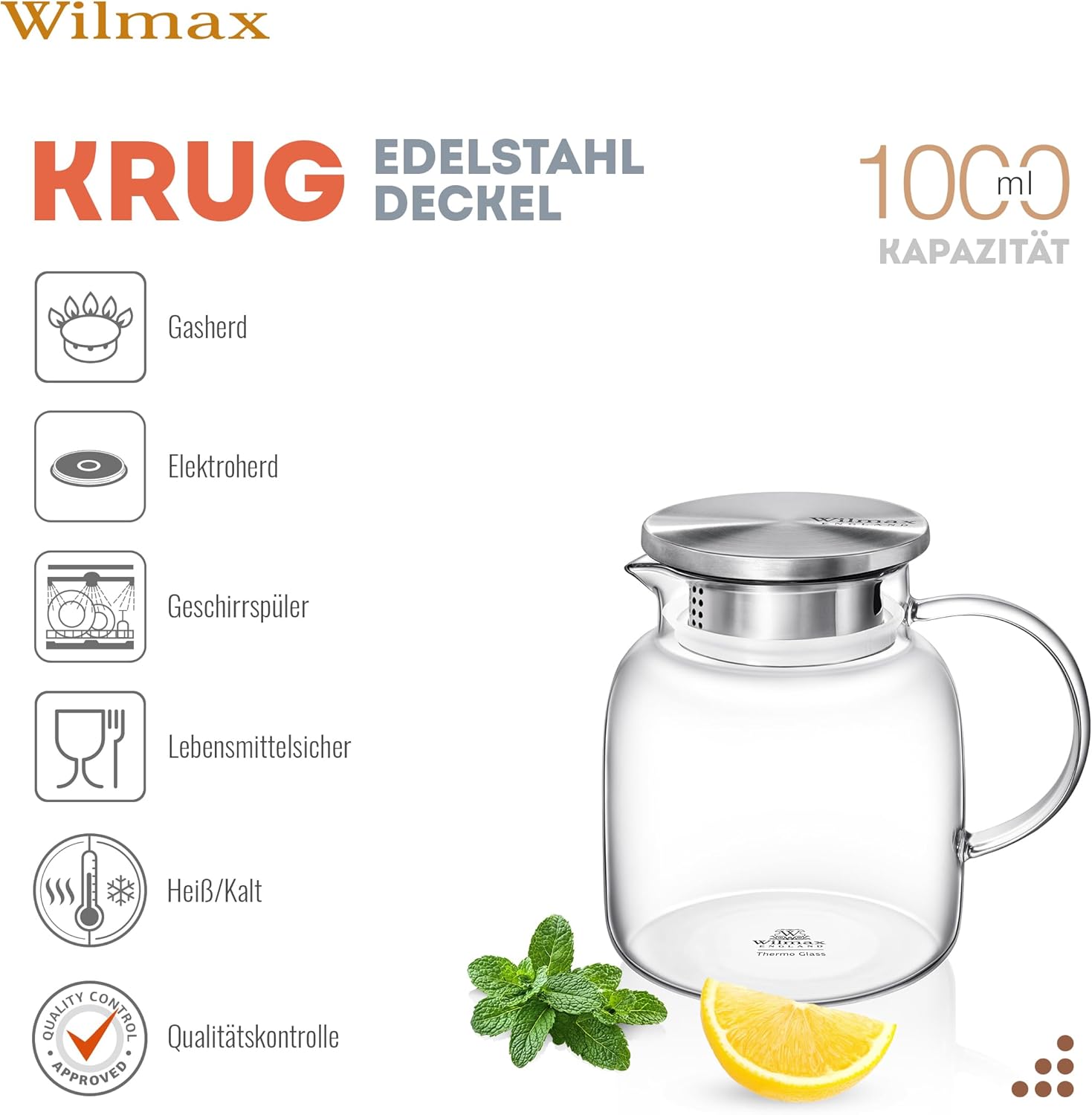Wilmax Borosilikat Glas Krug mit Edelstahl-Deckel