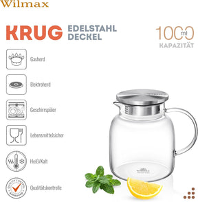 Wilmax Borosilikat Glas Krug mit Edelstahl-Deckel
