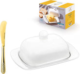 Wilmax Butterdose 19 cm Porzellan Weiß mit Goldmesser Set WL-996109/A-999247/1B