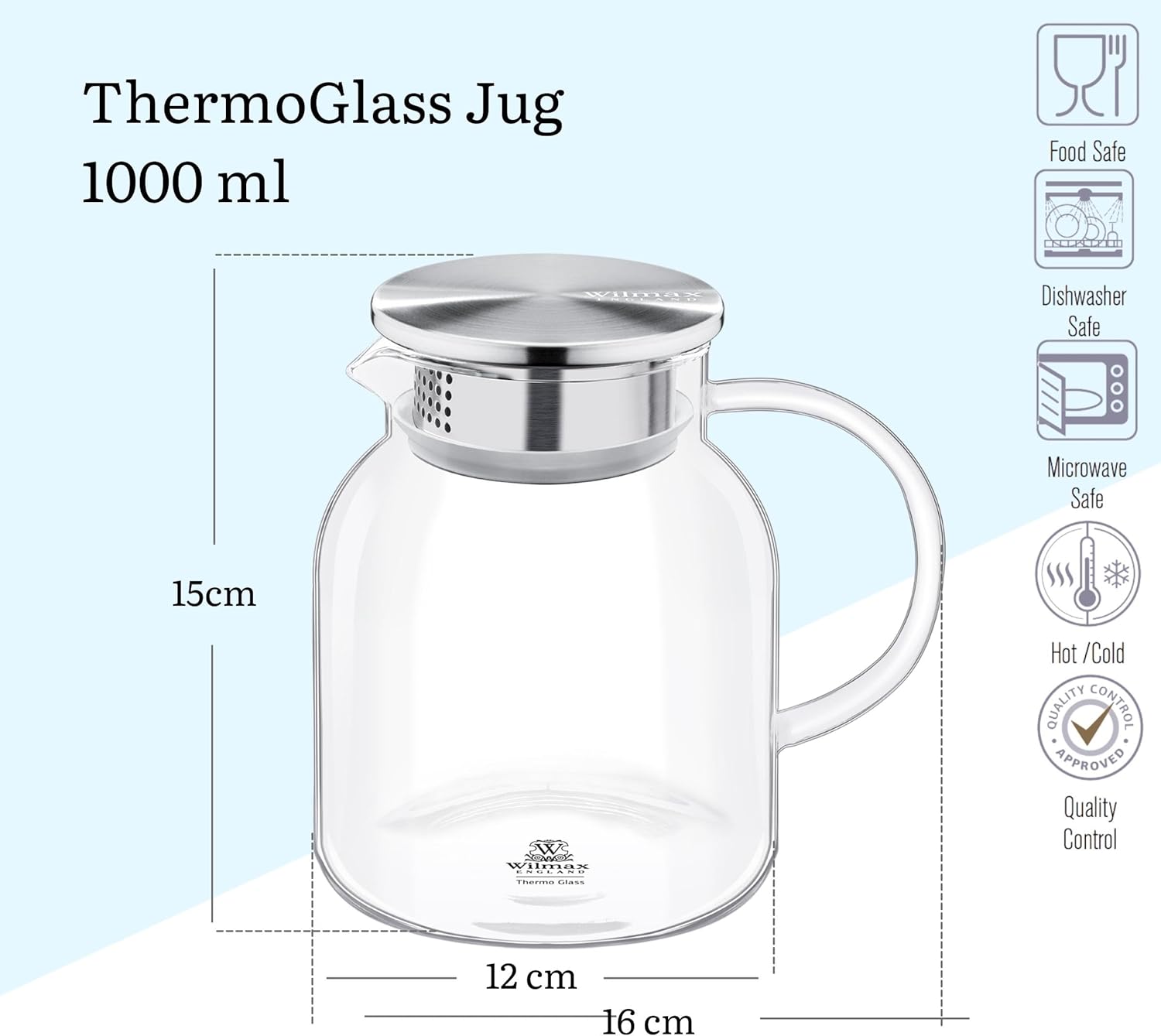 Wilmax Borosilikat Glas Krug mit Edelstahl-Deckel