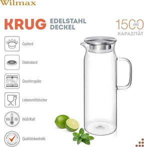 Wilmax Borosilikat Glas Krug mit Edelstahl-Deckel