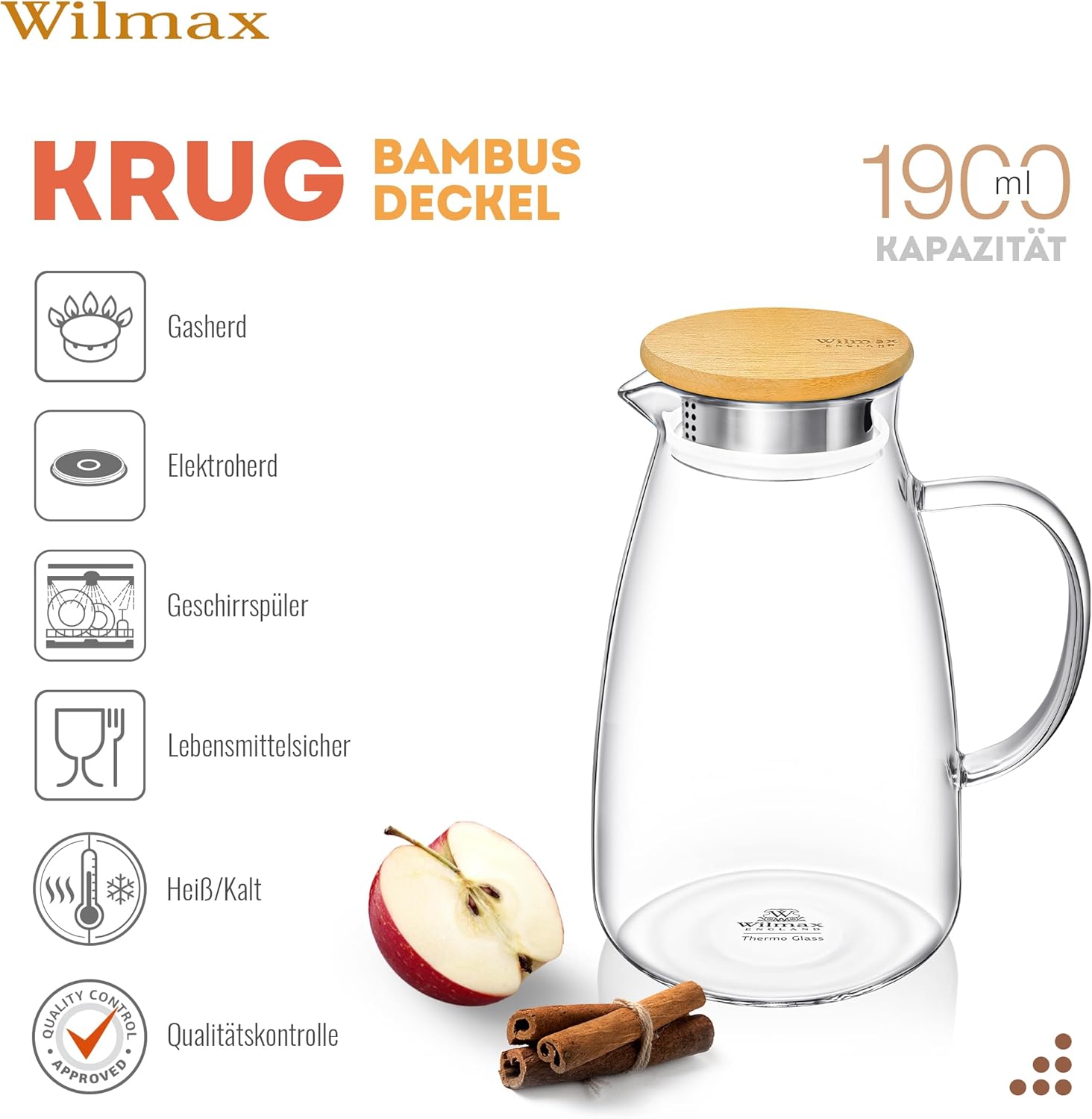 Wilmax Karaffe 1900 ml Thermoglas mit Bambusdeckel Transparent WL-888216/A