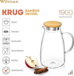 Wilmax Karaffe 1900 ml Thermoglas mit Bambusdeckel Transparent WL-888216/A