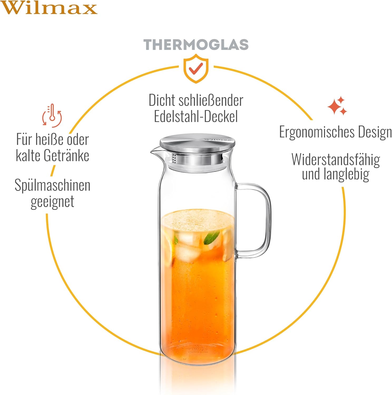 Wilmax Borosilikat Glas Krug mit Edelstahl-Deckel