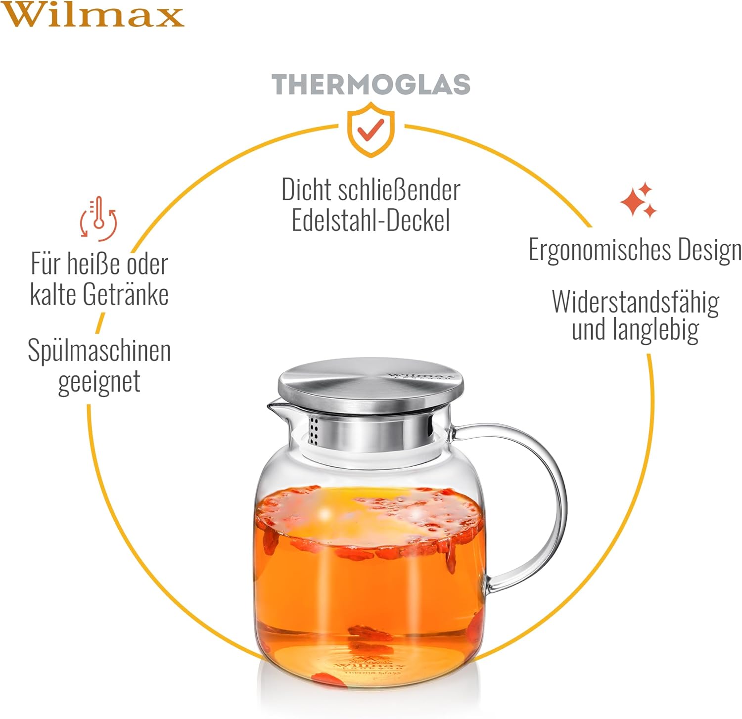 Wilmax Borosilikat Glas Krug mit Edelstahl-Deckel