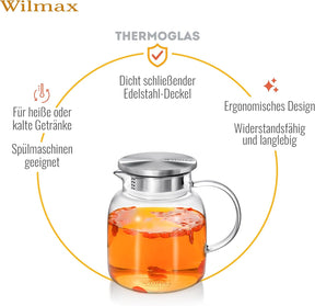 Wilmax Borosilikat Glas Krug mit Edelstahl-Deckel