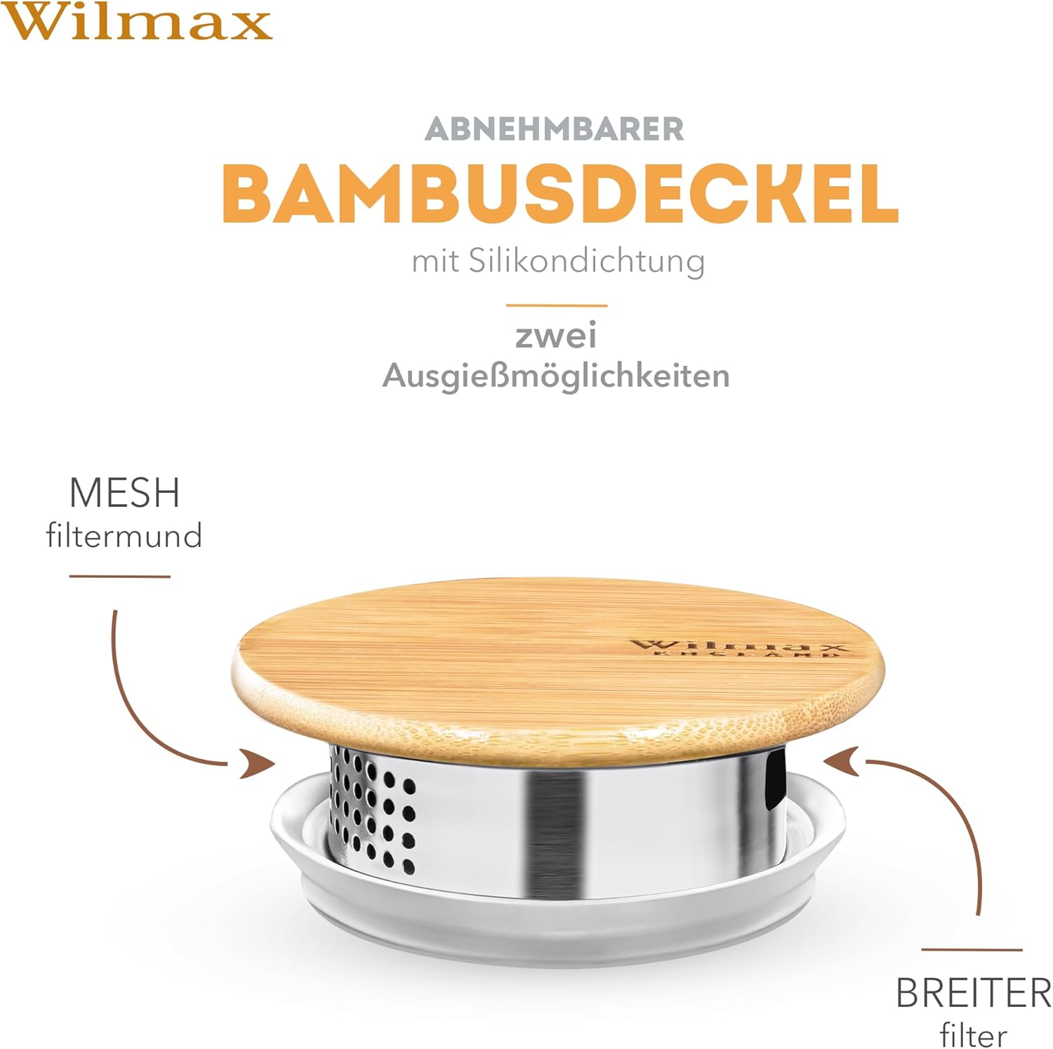 Wilmax Karaffe 1900 ml Thermoglas mit Bambusdeckel Transparent WL-888216/A