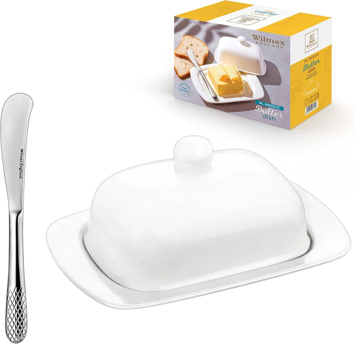 Wilmax Butterdose 19 cm Porzellan Weiß mit Edelstahlmesser Set WL-996109/A-999216/1B