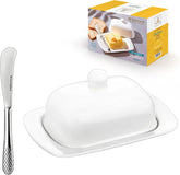 Wilmax Butterdose 19 cm Porzellan Weiß mit Edelstahlmesser Set WL-996109/A-999216/1B