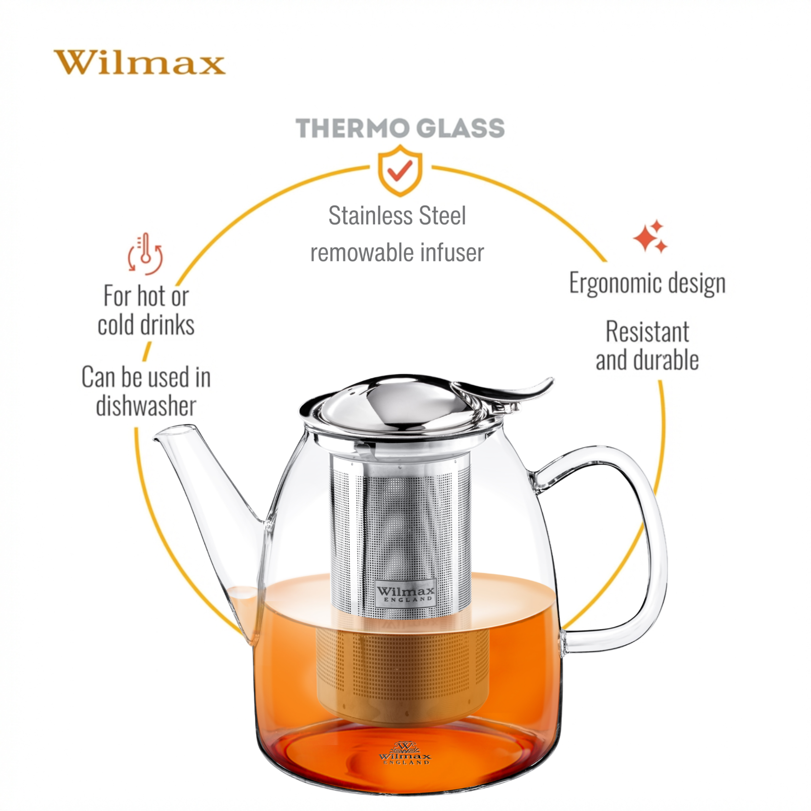 Wilmax Thermoglas Teekanne mit Edelstahl-Teesieb