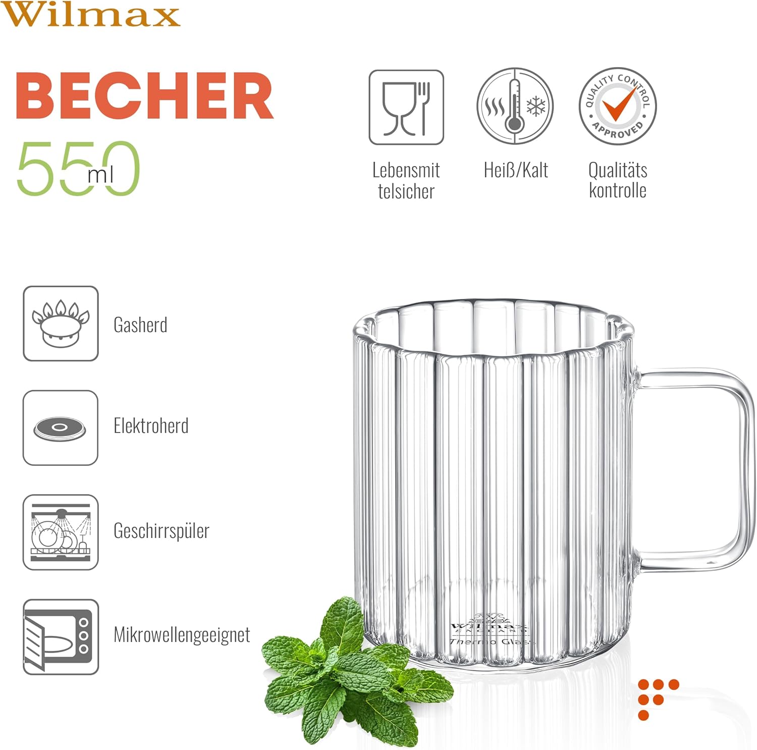 Wilmax Glas mit Henkel 550 ml Borosilikatglas WL-888618/A