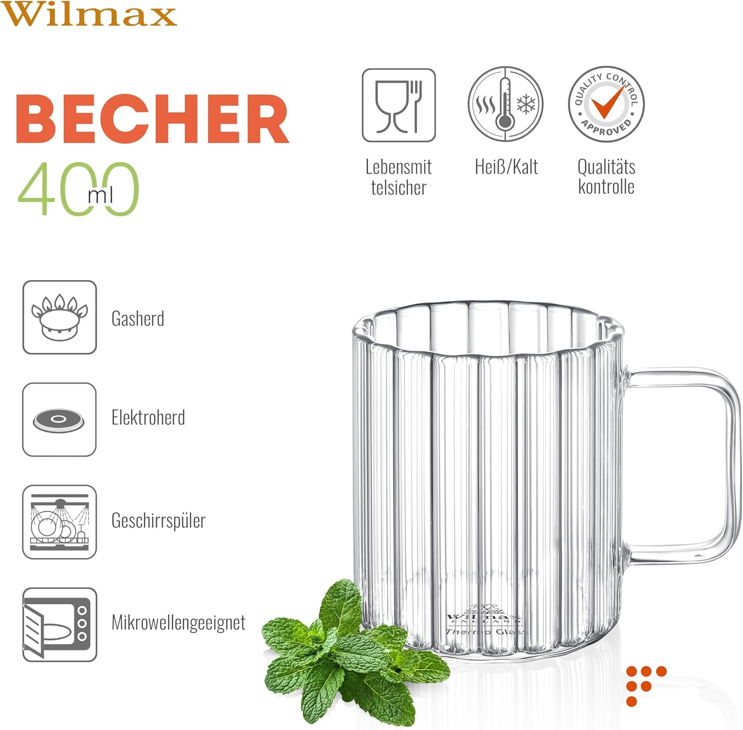 Wilmax Glas mit Henkel 550 ml Borosilikatglas WL-888618/A