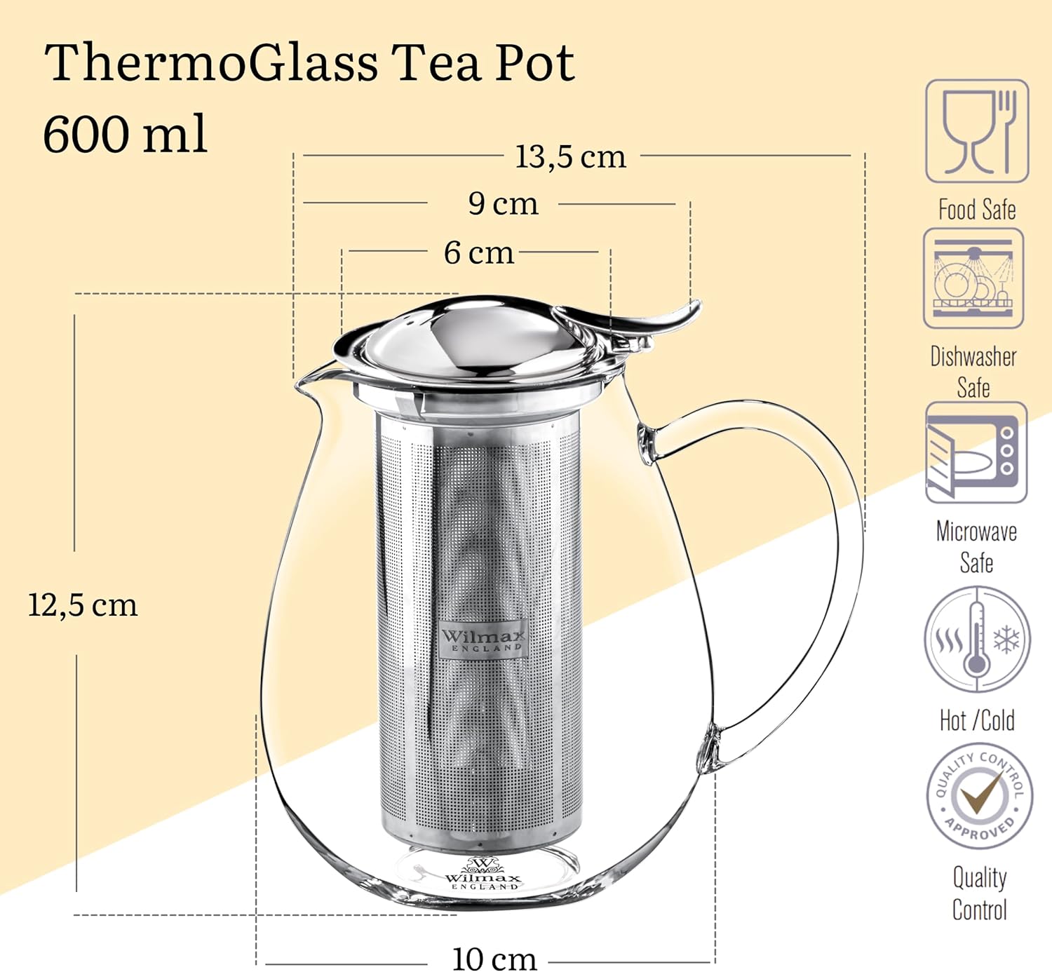 Wilmax Teekanne 600 ml Thermoglas Edelstahlfilter