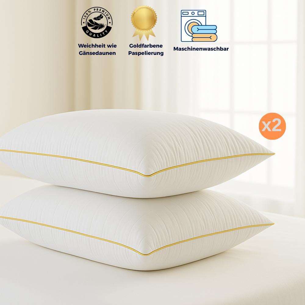 2 Stück goldverzierte Nano-Gel-Kissen mit goldfarbener Paspelierung, 1100 Gramm, 50 x 70 cm, Luxus-Hotelkissen